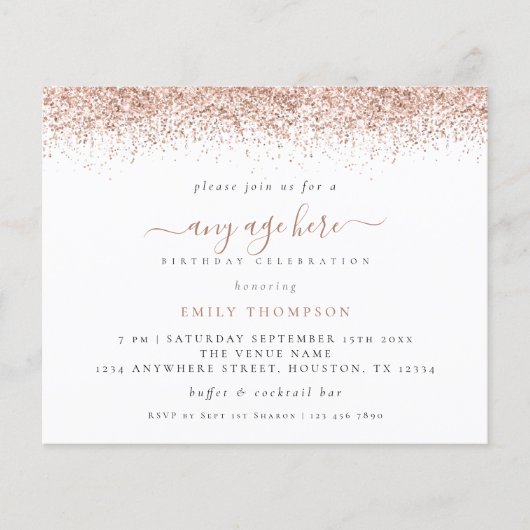 予算バラ金ゴールドグリッター任意の年齢誕生日招待状 (正面)