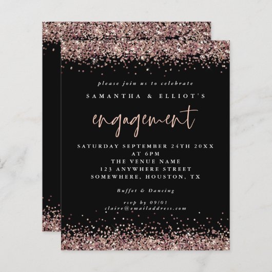 予算バラ金ゴールドグリッター婚約ブラック招待状 (正面/裏面)