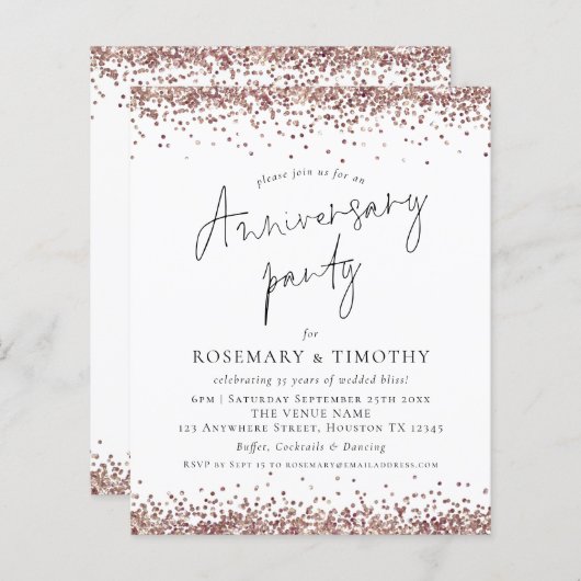 予算バラ金ゴールドグリッター記念日パーティー招待状 (正面/裏面)