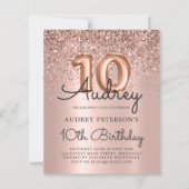 予算バラ金ゴールドグリッター10番目の誕生日招待状 (正面)