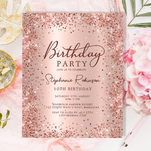 予算バラ金ゴールドグリッター10番目の誕生日招待状