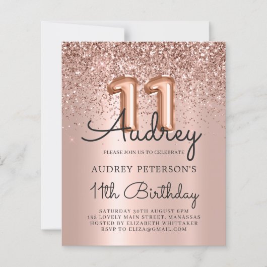 予算バラ金ゴールドグリッター11番目の誕生日招待状 (正面)