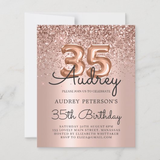予算バラ金ゴールドグリッター35番目の誕生日招待状 (正面)