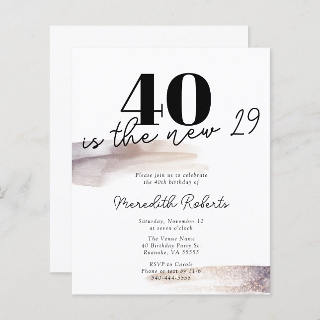 予算バラ金ゴールドグリッター40th誕生日招待状 (正面/裏面)