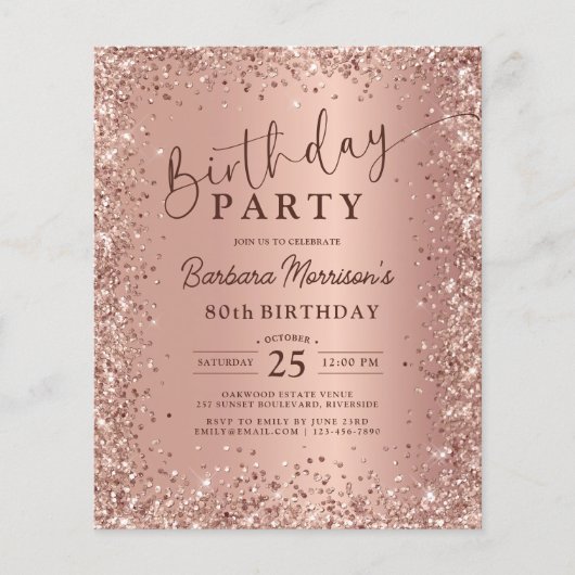 予算バラ金ゴールドグリッター80番目の誕生日招待状 チラシ (正面)