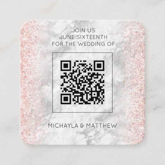 予算バラ金ゴールドグリッターQRコードウェディング招待 スクエア名刺 (正面)