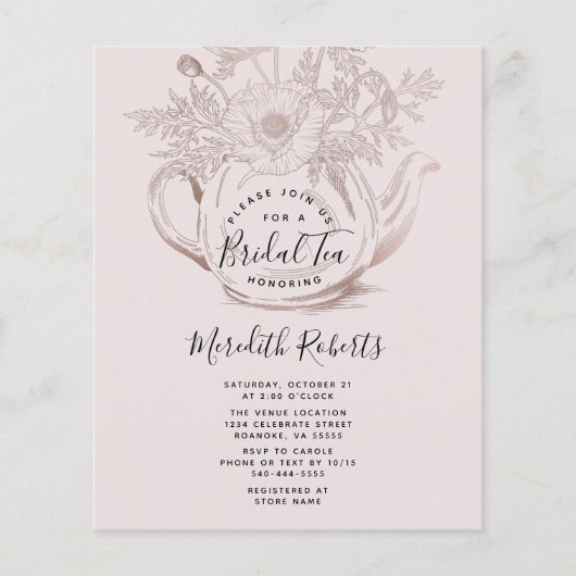 予算バラ金ゴールドティーポットブライダルティー招待状 (正面)