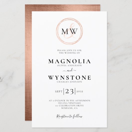 予算バラ金ゴールドモノグラム結婚式招待状 (正面/裏面)