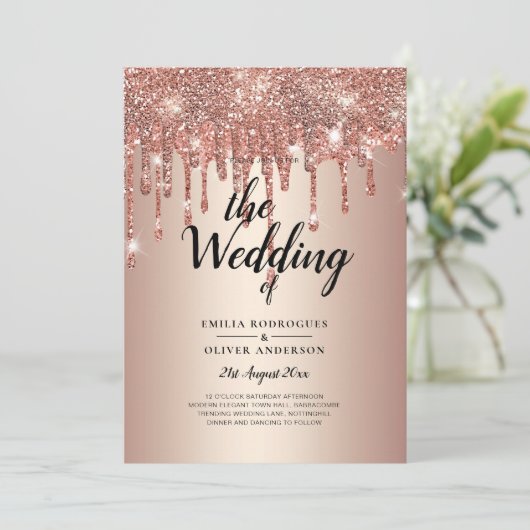 予算バラ金ゴールド滴下グリッター結婚式の招待 招待状 (スタンド正面)