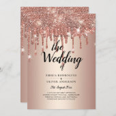 予算バラ金ゴールド滴下グリッター結婚式の招待 招待状 (正面/裏面)