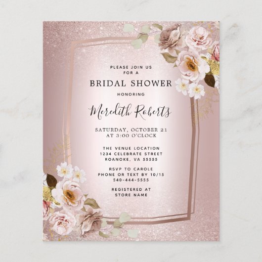 予算バラ金ゴールド赤面フローラブライダルシャワー招待状 (正面)