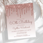 予算バラ金ゴールド60th Birthday Partyへの招待<br><div class="desc">このトレンディー60歳の誕生日の招待は、バラの金ゴールドの滴りフェイクと背景を含む縁どグリッターのドリップとバックグラウングラデーションドを備えている。「60誕生日」と名誉のゲストの名前は暗いバラの手書きスクリプトに現れカジュアルて、残りの部分はサンセリフフォントでカスタマイズ可能な文字を含む。同じバラ金ゴールドグリッタードリップデザインが裏面に表示される。</div>