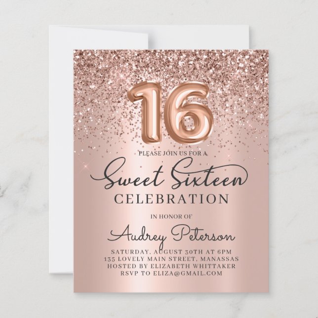 予算バラ金ゴールドSweet sixteen誕生日招待状 (正面)
