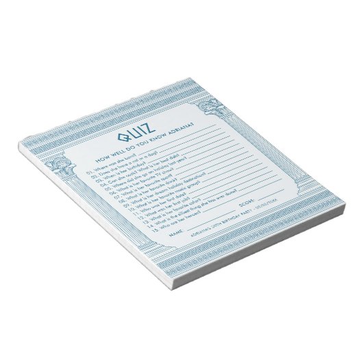 予算パーティークイズとギリシャの寺院(青) ノートパッド (アングル)