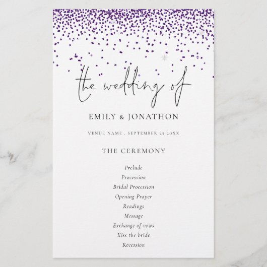 予算パープルグリッタースクリプト結婚式 プログラム (正面)