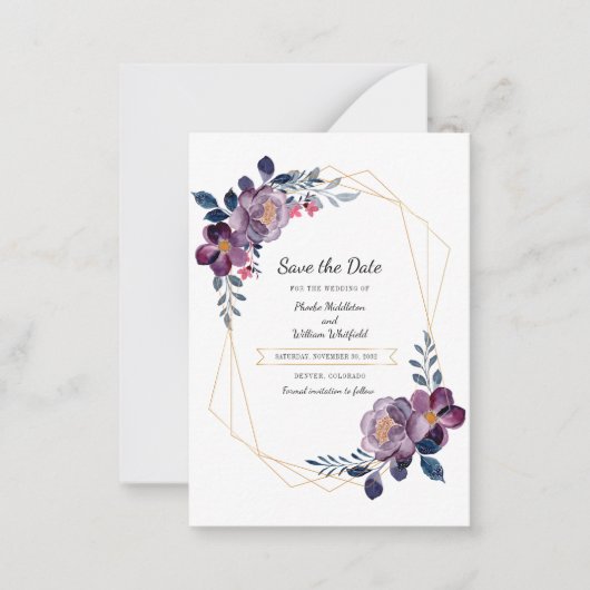 予算パープルフローラ幾何学日付の保存 ノートカード (正面)