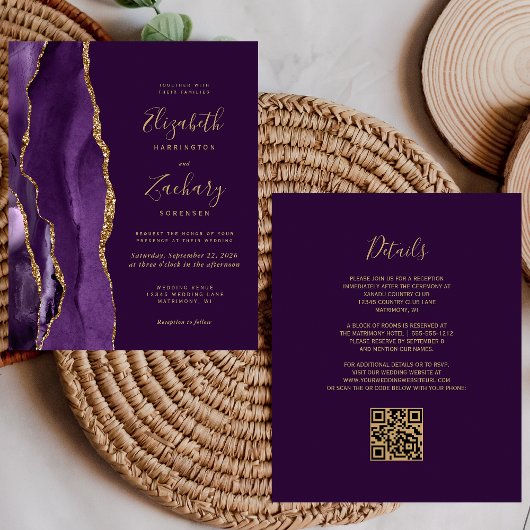 予算パープル金ゴールド瑪瑙QRコード結婚式の招待