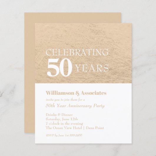 予算ビジネス記念日金ゴールドホワイト招待状 (正面/裏面)