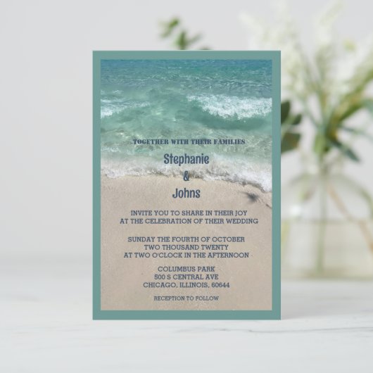 予算ビーチティール（緑がかった色）ターコイズサンディ結婚海 招待状 (スタンド正面)