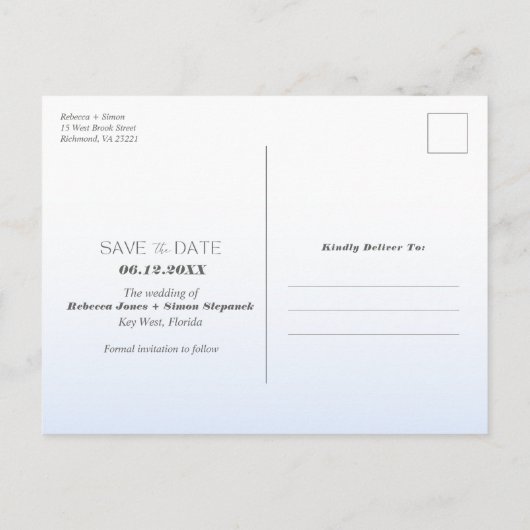 予算ビーチ写真ウェディング日付の保存 案内ポストカード (裏面)