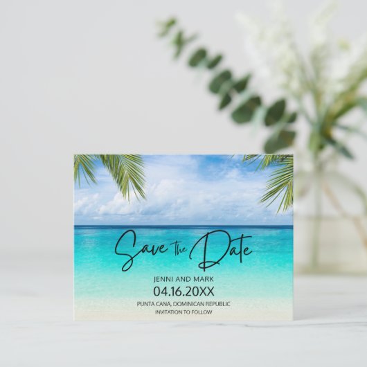 予算ビーチ結婚式日付の保存 案内ポストカード (スタンド正面)