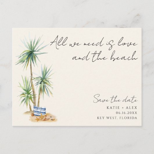 予算ビーチ結婚式日付の保存 案内ポストカード (正面)