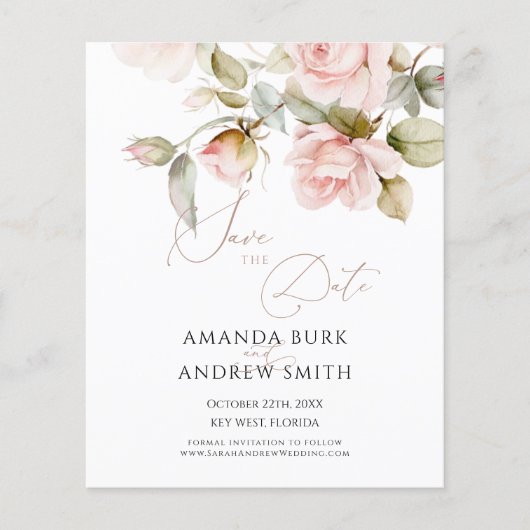 予算ピンクと緑の日付保存招待状 (正面)