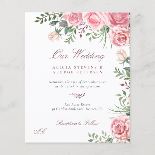 予算ピンクのバラのエレガントな結婚式の招待状 チラシ (正面)