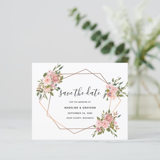 予算ピンクのバラの幾何学的なフレーム日付の保存 (スタンド正面)