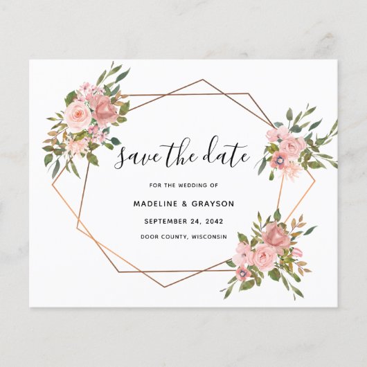 予算ピンクのバラの幾何学的なフレーム日付の保存 (正面)