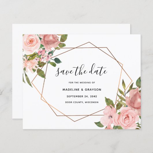 予算ピンクのバラの幾何学的なフレーム日付の保存 (正面/裏面)