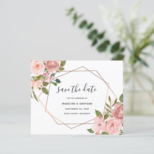 予算ピンクのバラの幾何学的なフレーム日付の保存 (スタンド正面)