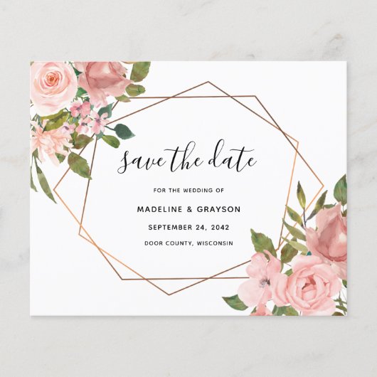 予算ピンクのバラの幾何学的なフレーム日付の保存 (正面)