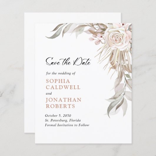 予算ピンクのバラエレガントの葉の日付を保存 (正面/裏面)