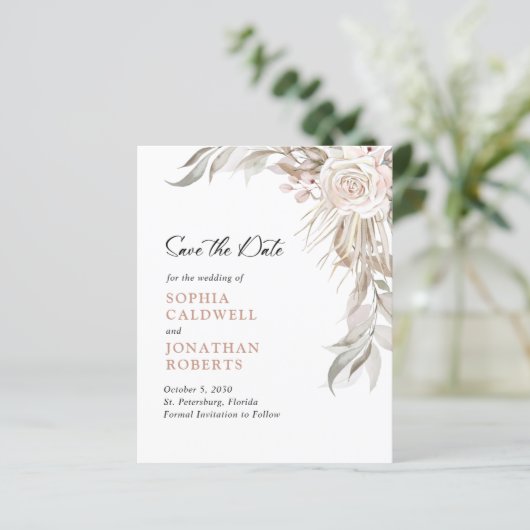 予算ピンクのバラエレガントの葉の日付を保存 (スタンド正面)