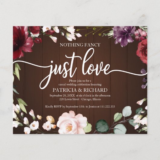 予算ファンシーなし素朴結婚式招待状 (正面)