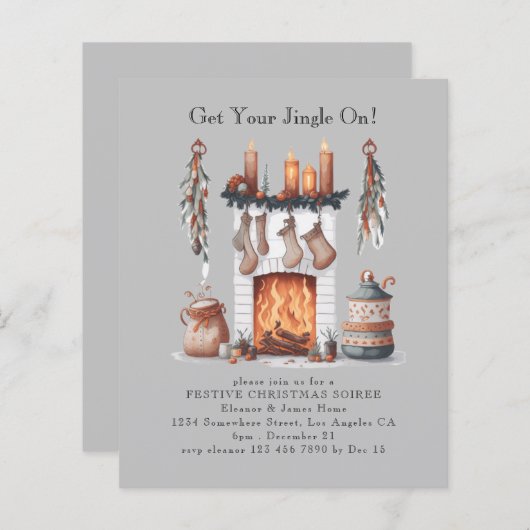 予算フェスティバル暖炉クリスマスパーティー招待状 (正面/裏面)
