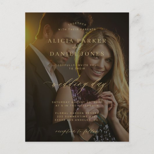 予算フォトオーバーレイ金ゴールド結婚式招待状 (正面)