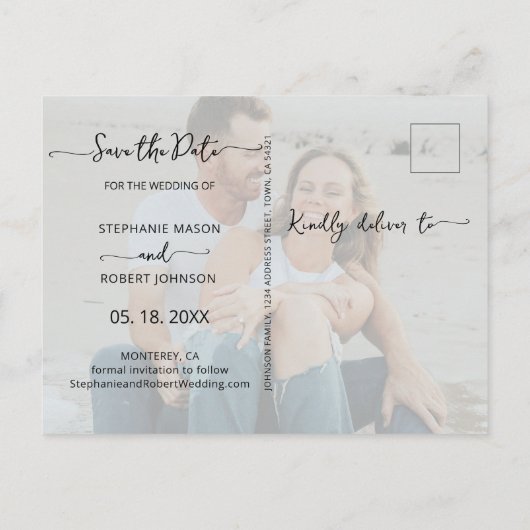 予算フォトタイポグラフィ結婚式の日付の保存 インビテーションポストカード (裏面)