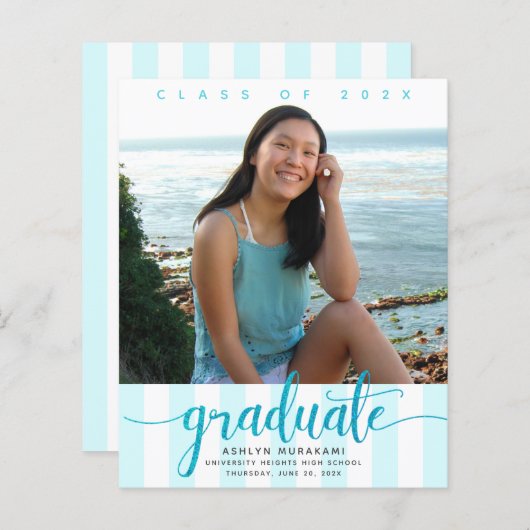 予算フォトターコイズスクリプトの卒業招待状 (正面/裏面)