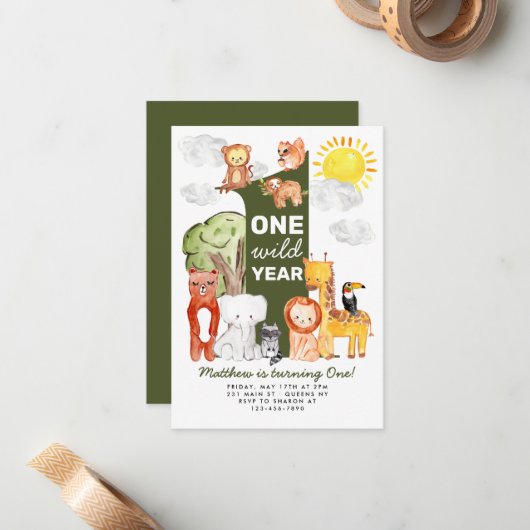 予算フォレスト動物ワンワイルドイヤー子供の誕生日 ノートカード (正面/裏面インサイチュ)