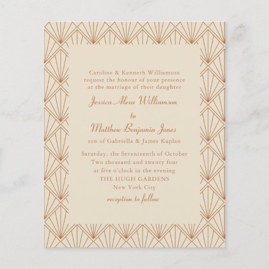 予算フォーマルアールデコ燃えたオレンジ色の結婚式の招待 (正面)