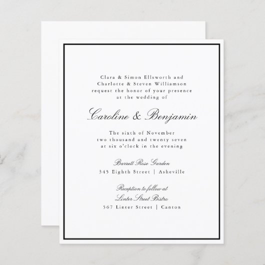 予算フォーマルスクリプ縁ど結婚式招待状 (正面/裏面)