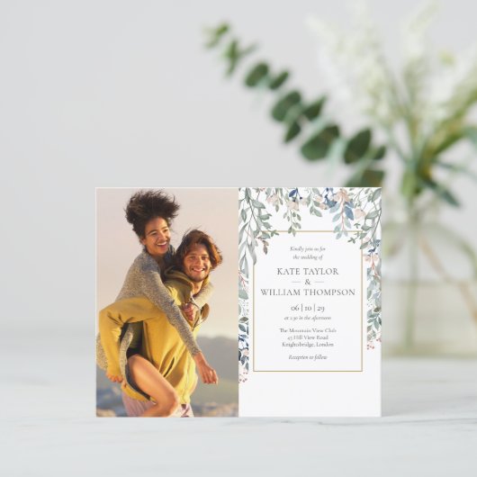 予算フローラの葉の写真結婚式招待状 (スタンド正面)