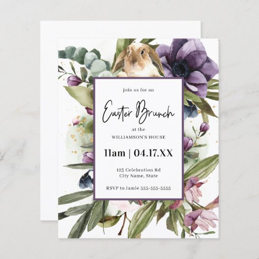 予算フローラウォーターカラーラビットイースター招待状 (正面/裏面)