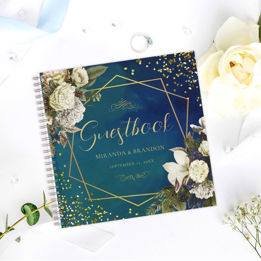 予算フローラエメラルドグリーン結婚金ゴールドズゲストブック ノートブック