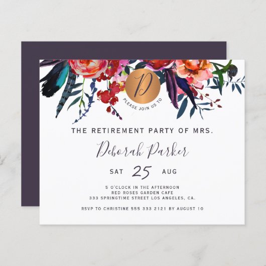 予算フローラエレガント退職パーティの招待状 (正面/裏面)