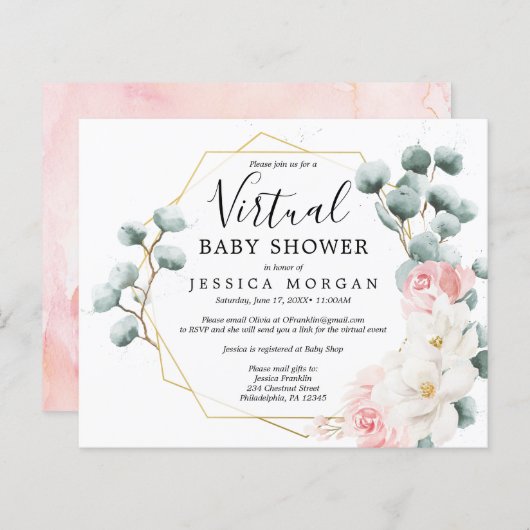 予算フローラグリーンリーバーチャルベビーシャワー招待状 (正面/裏面)