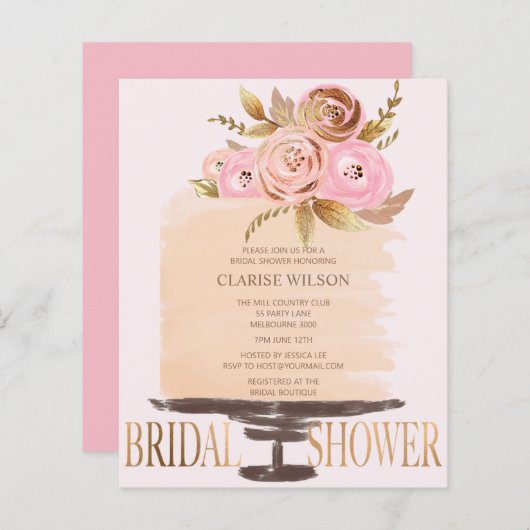 予算フローラケーキピンクブライダルシャワー招待状 (正面/裏面)