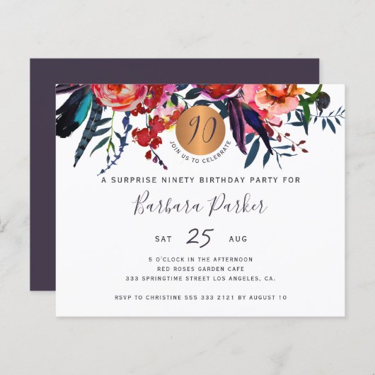 予算フローラシック90th誕生日パーティーの招待状 (正面/裏面)
